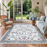 Garvee Floral Washable Rug 4x6, Non-Slip Low Pile Botanical Carpet, Vintage Farmhouse Area Rug, Light Blue - Light Blue