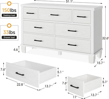 Garvee 7-Drawer White Dresser with Metal Handles + Large Storage Capacity + Wood Construction + Anti-Tip Safety + Modern Design for Bedroom, Closet, Living Room, White