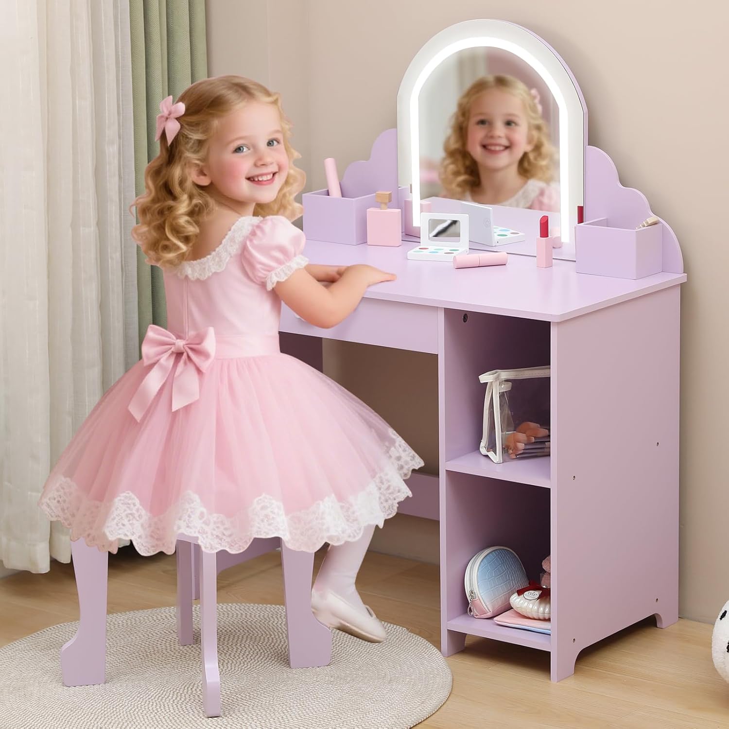Garvee Kids Vanity with Lighted Mirror, 2 In 1 Little Girls Vanity Table & Stool, Kids Makeup with Drawer & Open Shelves for 3-9 Yrs Girls, Purple