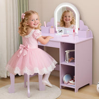 Garvee Kids Vanity with Lighted Mirror, 2 In 1 Little Girls Vanity Table & Stool, Kids Makeup with Drawer & Open Shelves for 3-9 Yrs Girls, Purple