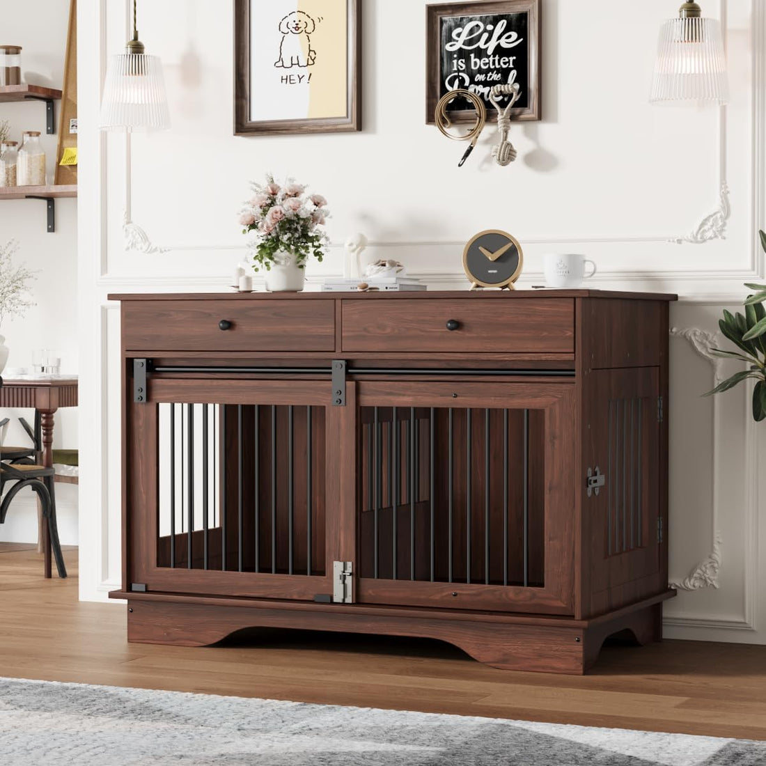 Garvee Dog Crate Furniture for 2 Dogs, 47" Double Dog Kennel with Removable Divider and 2 Drawers, Triple Doors, Decorative TV Stand Side Table, Indoor Pet Cage for L/M/S Dogs, Dark Brown
