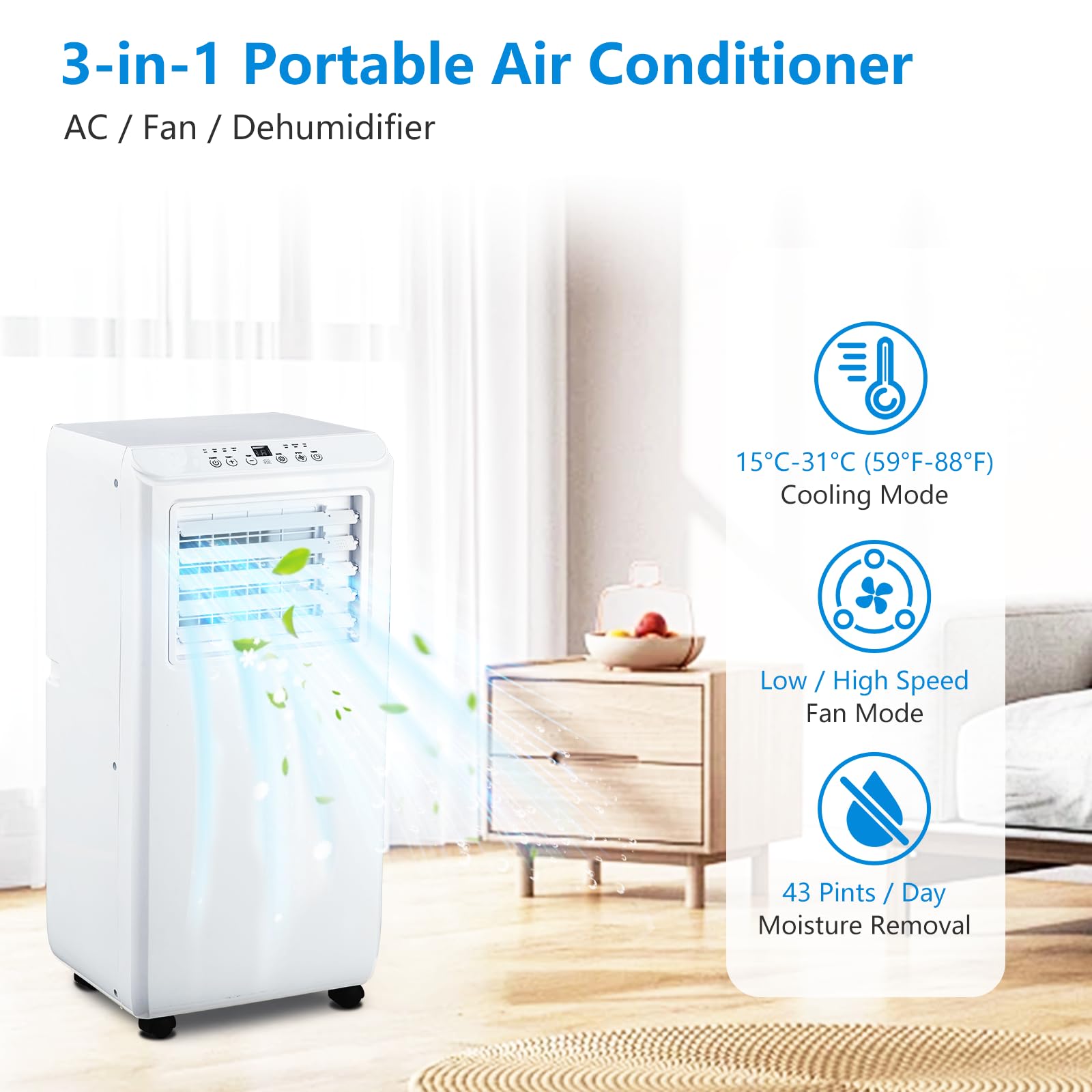 10000 BTU Portable AC, 3-in-1 with Remote for Up To 450 Sq.Ft
