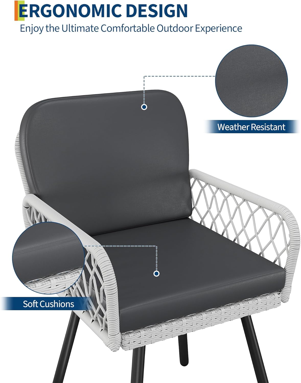 Garvee Patio Dining Chairs Set of 2 With Black Metal Frame & White Hand-Woven Rattan, Porch Armchairs With Cushion for Indoor, Garden, Balcony, Deck, Backyard
