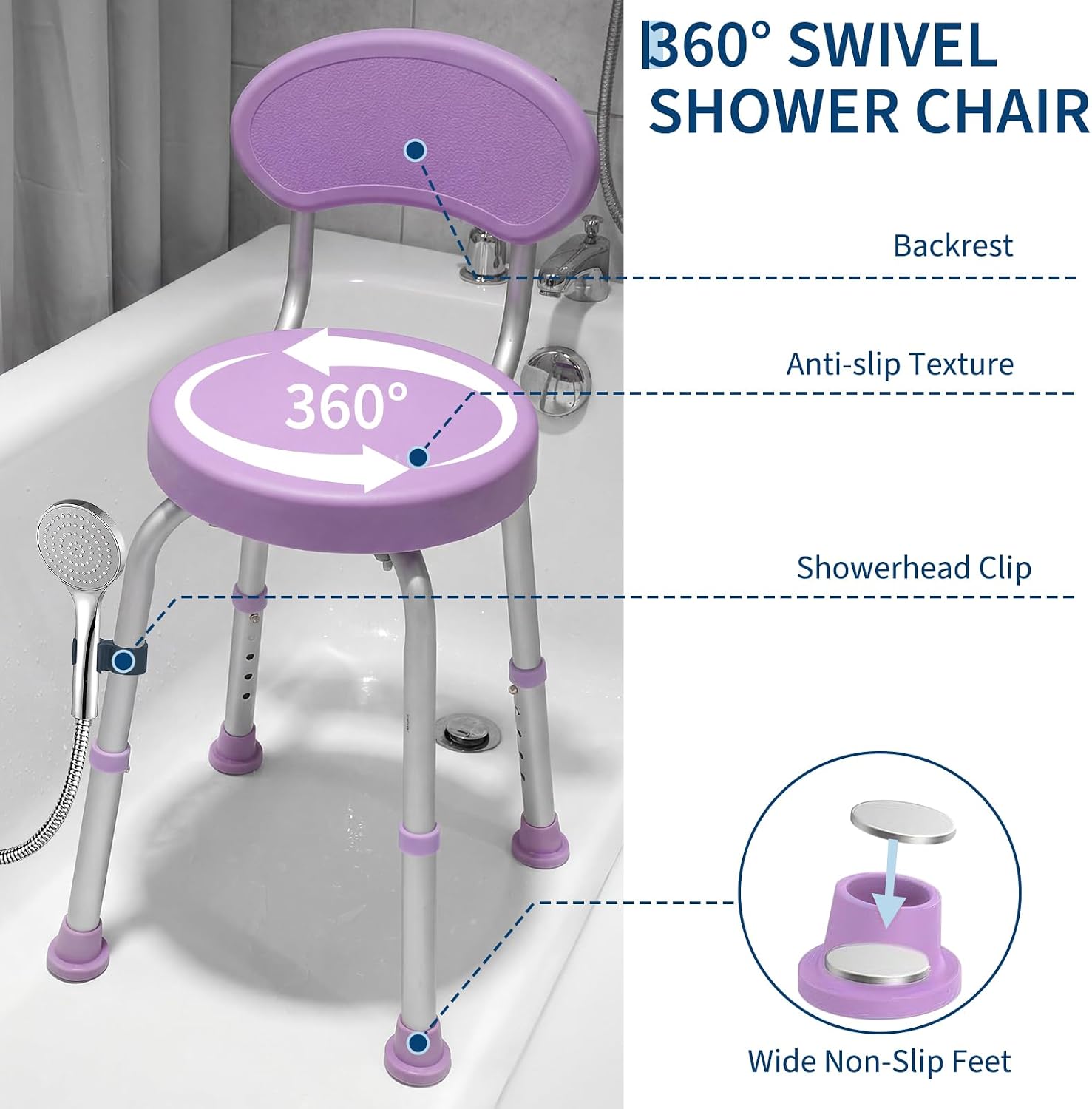 Garvee 360° Swivel Shower Chair with Backrest, Non-Slip Bathtub Chair, Height Adjustable Bath Seat for Elderly, Seniors and Disabled, Compact Shower Bench for Inside Tub or Shower, Purple