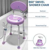 Garvee 360° Swivel Shower Chair with Backrest, Non-Slip Bathtub Chair, Height Adjustable Bath Seat for Elderly, Seniors and Disabled, Compact Shower Bench for Inside Tub or Shower, Purple