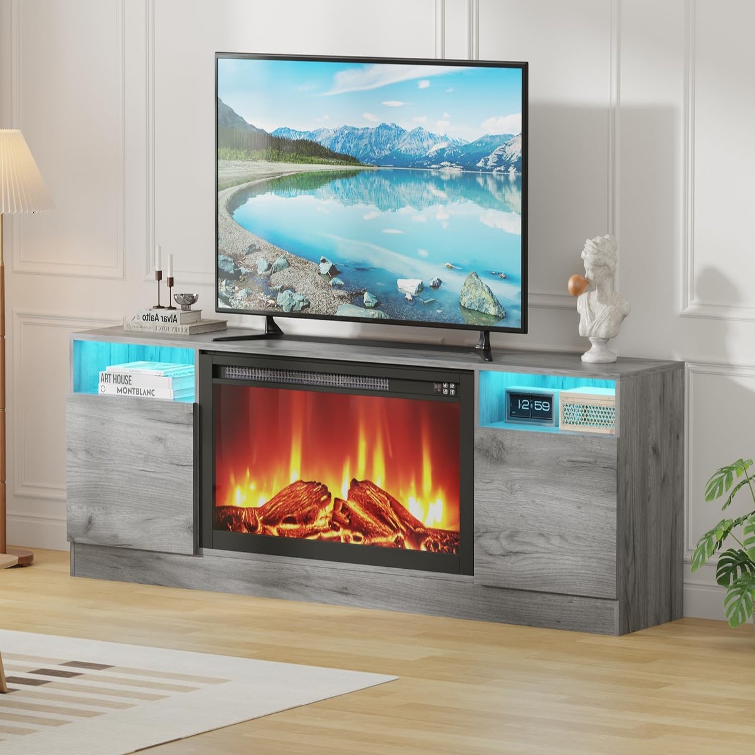 Garvee Modern TV Stand for TV Up to 75" TV, 70" Grey Television Console Table Cabinets with Storage,Wooden Entertainment Center for Living Room, Fits Into 36'' Electric Fireplace(Not Included Fireplace)