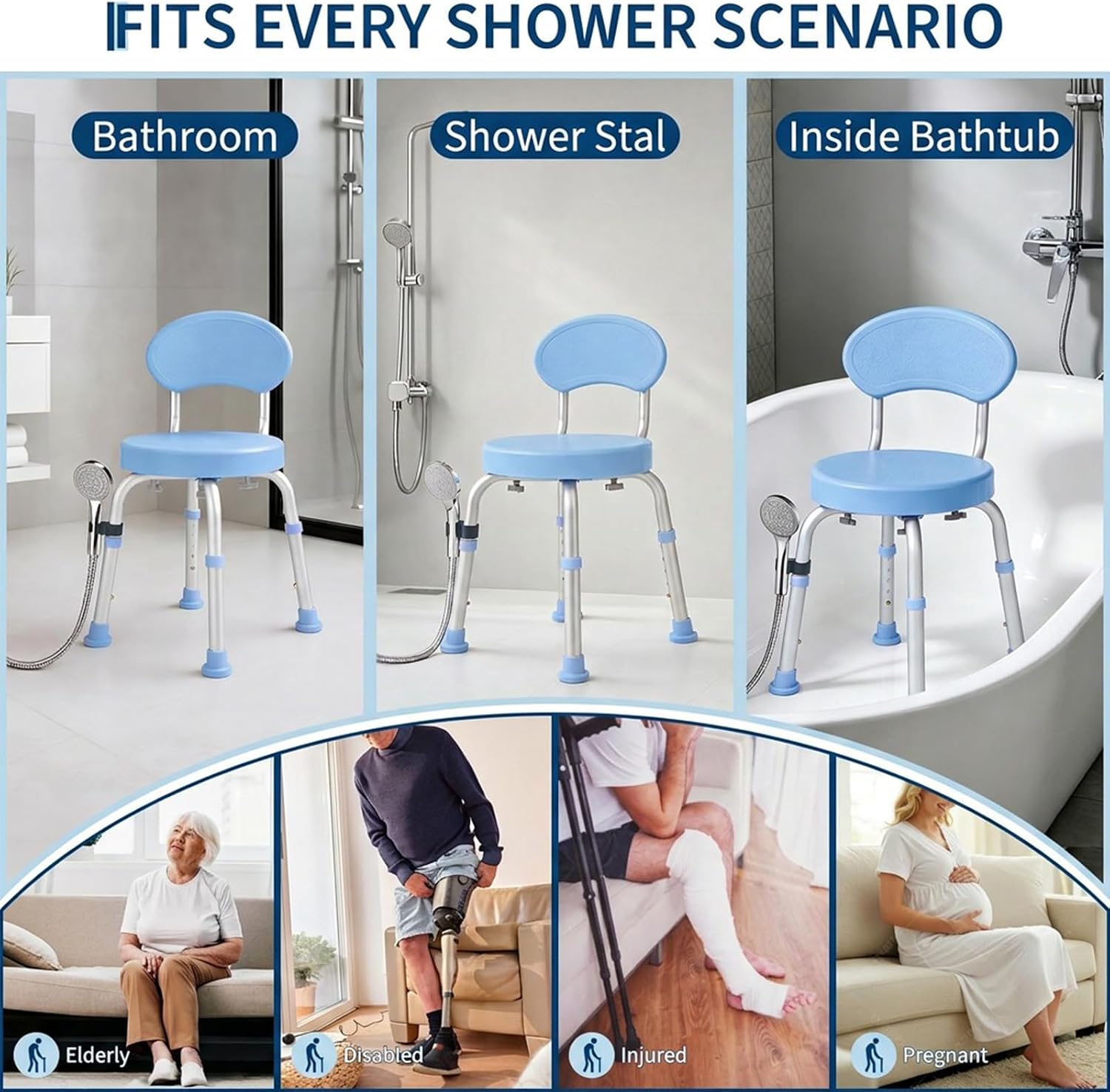 Garvee 360° Swivel Shower Chair with Backrest, Non-Slip Bathtub Chair, Height Adjustable Bath Seat for Elderly, Seniors and Disabled, Compact Shower Bench for Inside Tub or Shower, Blue