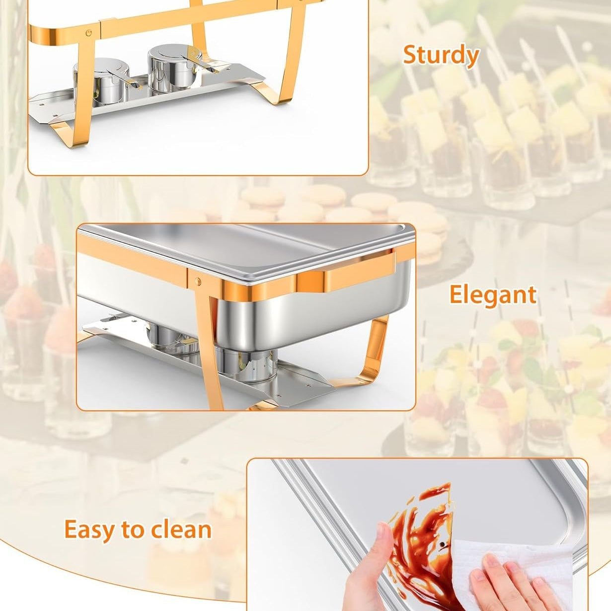 Garvee 8QT Stainless Steel Chafing Dish Buffet Set (2-Pack) - Foldable Food Warmers with Lids & Fuel Cans for Weddings, Catering, and Parties (Gold)