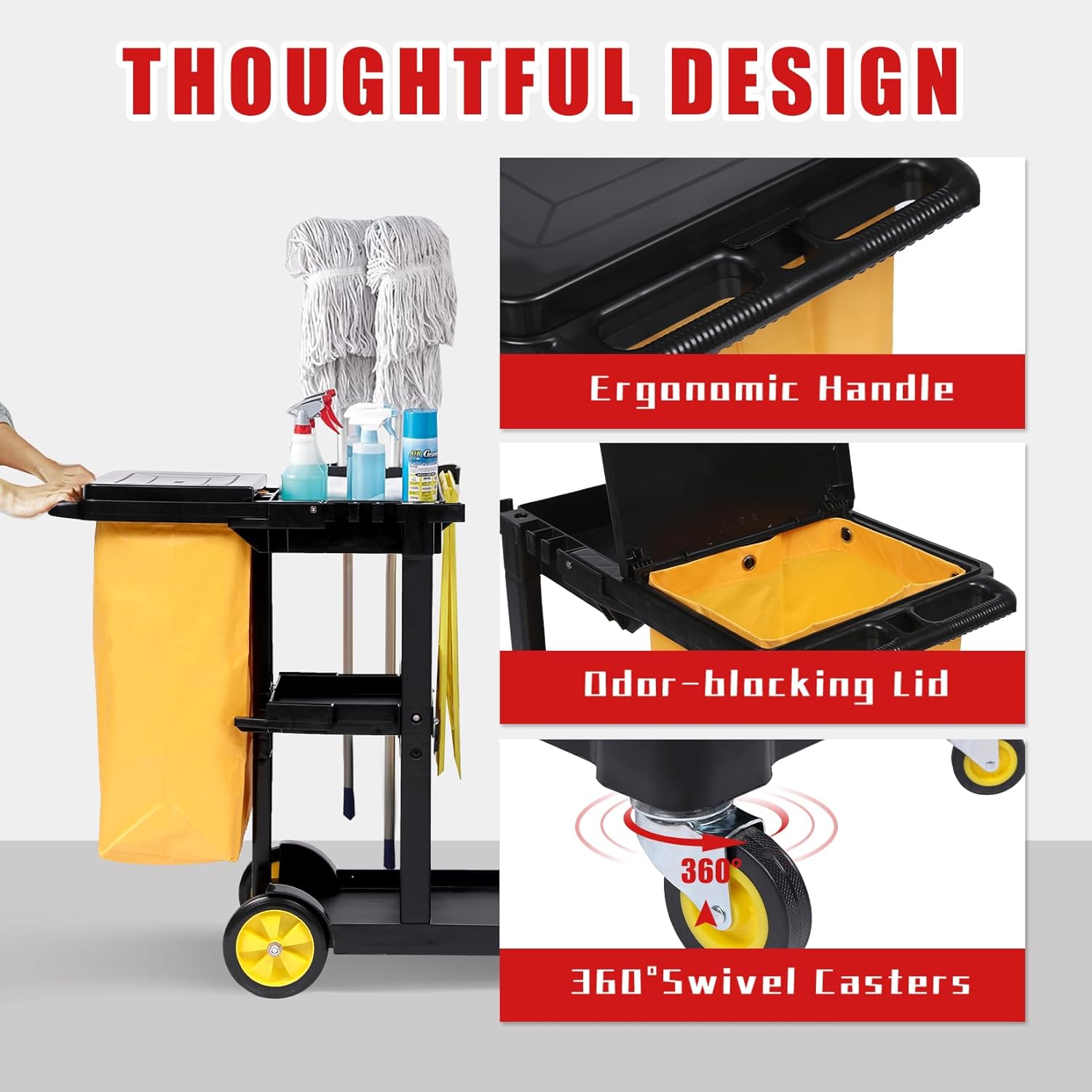 Commercial Janitorial Cleaning Cart, 3-Tier Janitorial Cart 500LBs Capacity Housekeeping Cart, Wheeled with 25 Gallon Yellow PVC Bag and Cover Lid