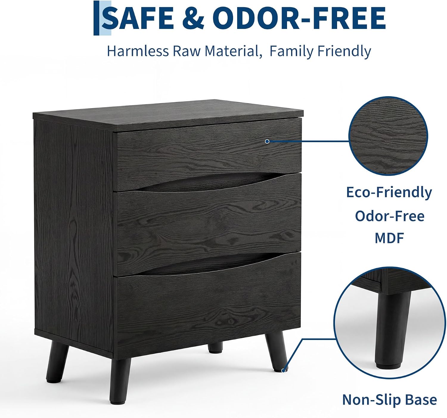 Garvee Compact 3-Drawer Bedside Cabinet Bedside Table - Space-Saving Storage End Table Cabinet, Sturdy Frame, Easy Assembly - Black