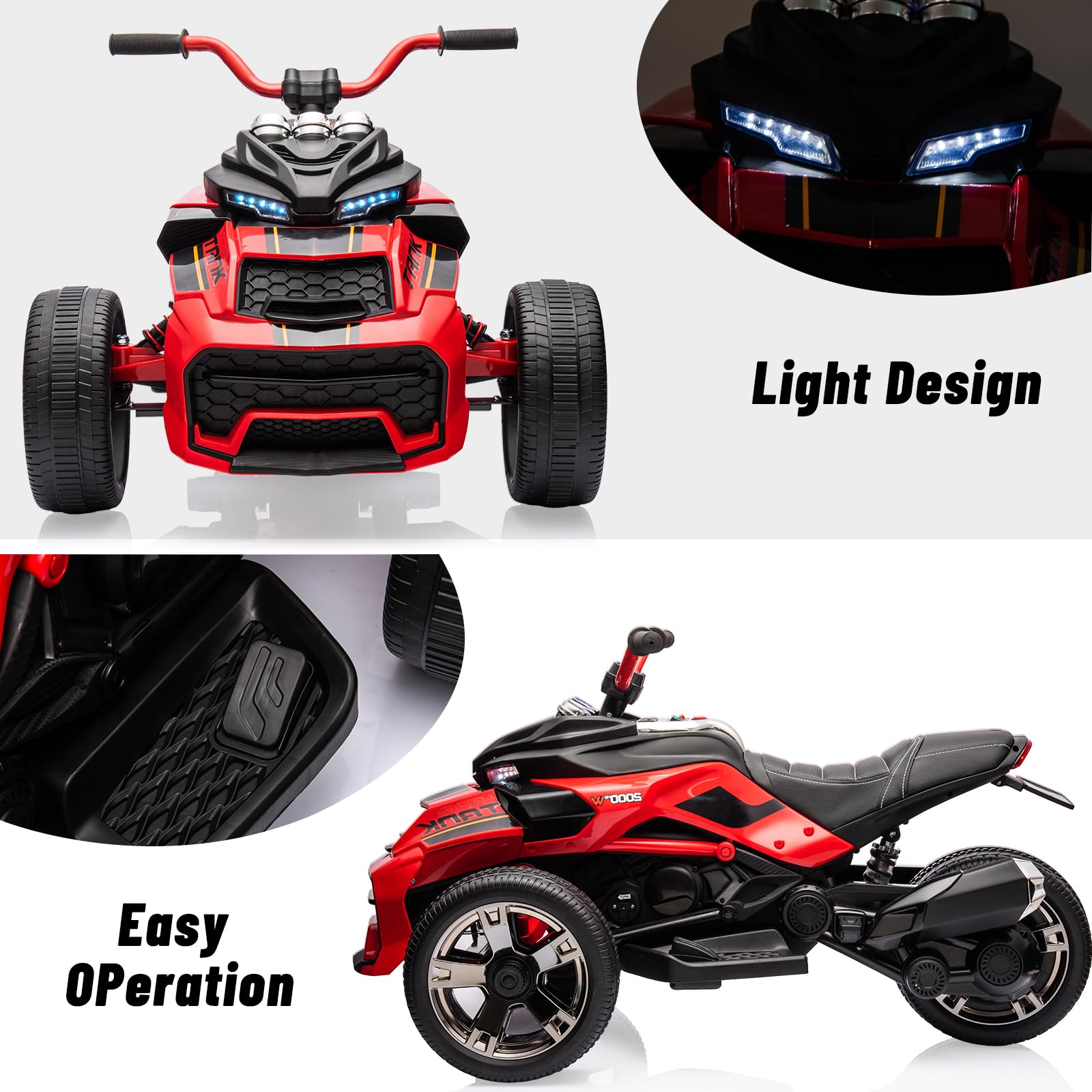 12V Kids Ride on Toy for Kids, Ride On Car w/Parent Remote, 2x55W Powerful Engine 7MPH Battery, 3 Wheelers Electric Vehicle, LED Lights, 2 Speeds, EVA Tire, Music, USB