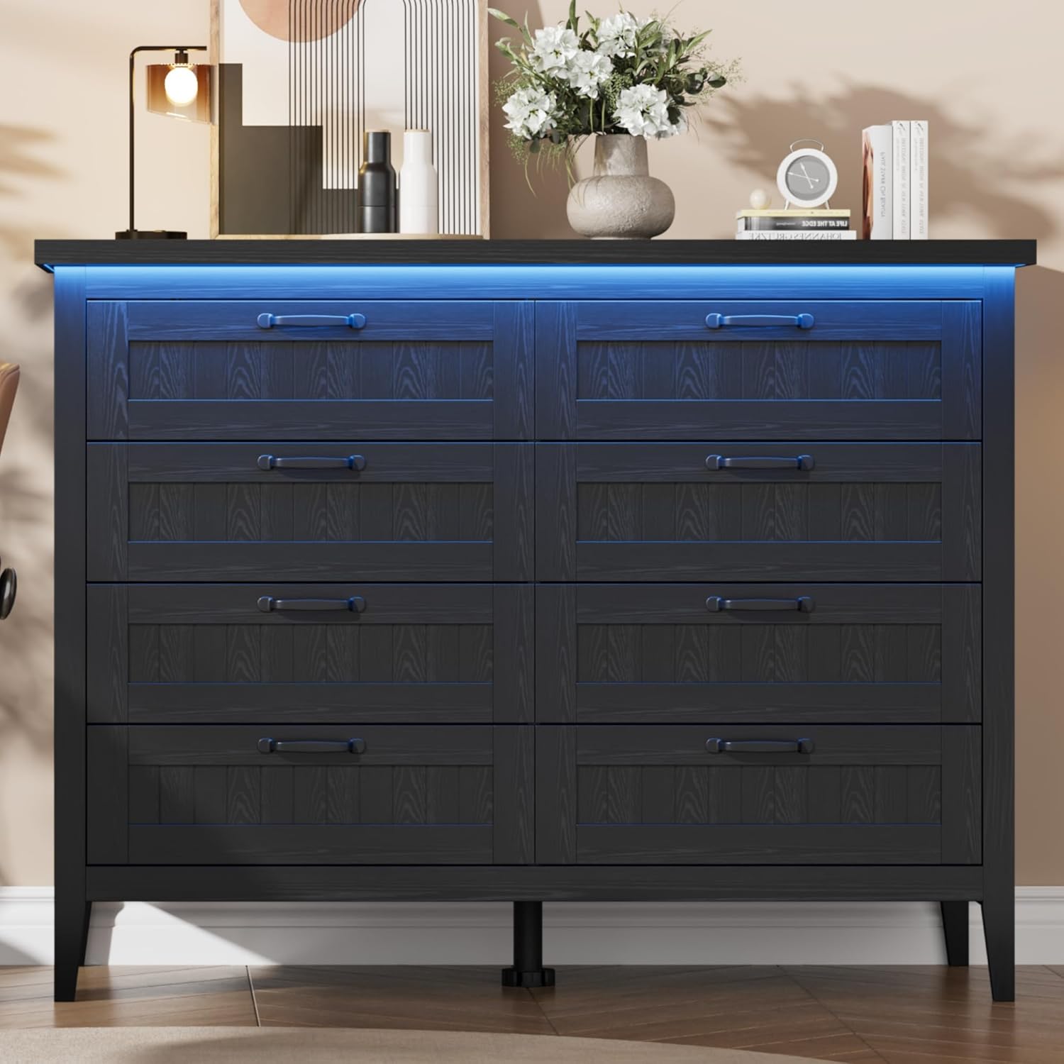 Garvee Black 8 Drawer Bedroom Dresser with LED Lights & Power Outlet - Wide Wooden Storage Chest - Modern Bedside Table - Dark Oak, Eight-Drawer Cabinet
