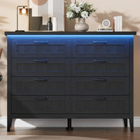 Garvee Black 8 Drawer Bedroom Dresser with LED Lights & Power Outlet - Wide Wooden Storage Chest - Modern Bedside Table - Dark Oak, Eight-Drawer Cabinet