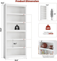 Garvee 6 Tier Bookshelf, 75" Tall Farmhouse Bookcase with Adjustable Shelves, 31.5" W Floor Standing Open Display Storage Rack with Anti-Slip Design for Home Office, Balcony, Library, Study / Living Room, White