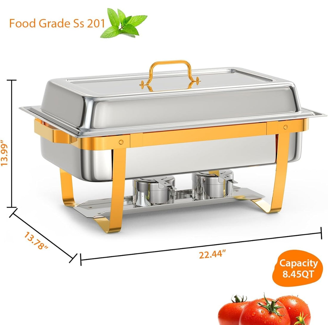 Garvee 8QT Stainless Steel Chafing Dish Buffet Set (2-Pack) - Foldable Food Warmers with Lids & Fuel Cans for Weddings, Catering, and Parties (Gold)