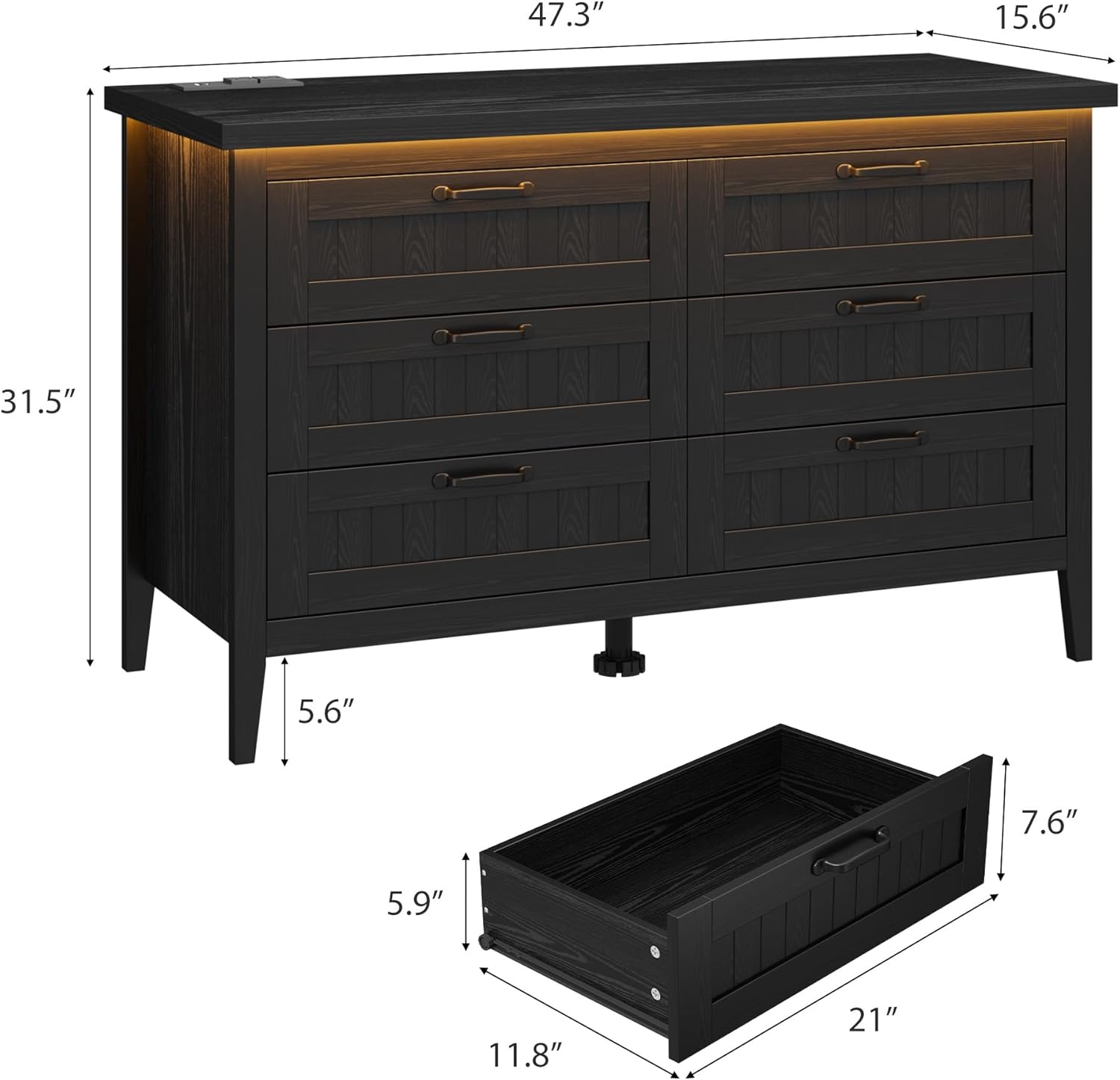 Garvee 6 Drawer Dresser with Power Outlet, Black Dresser with LED Light, Modern Chest of Drawers for Closet, Double Wide Drawer Organizer Cabinet for Bedroom, Living Room