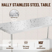 Garvee 72"L x 30"W x 35"H Commercial Food Prep Table Metal Kitchen Work Table with Adjustable Under Shelf, Stainless Steel Table with Hooks for Restaurant, Garage, Warehouse and Hotel