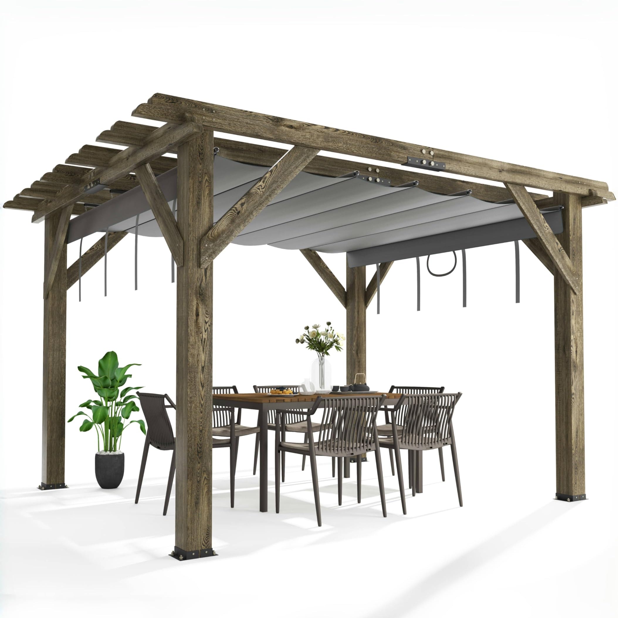 Garvee 10'x12' Wood Pergola with Retractable Canopy - Outdoor Garden &