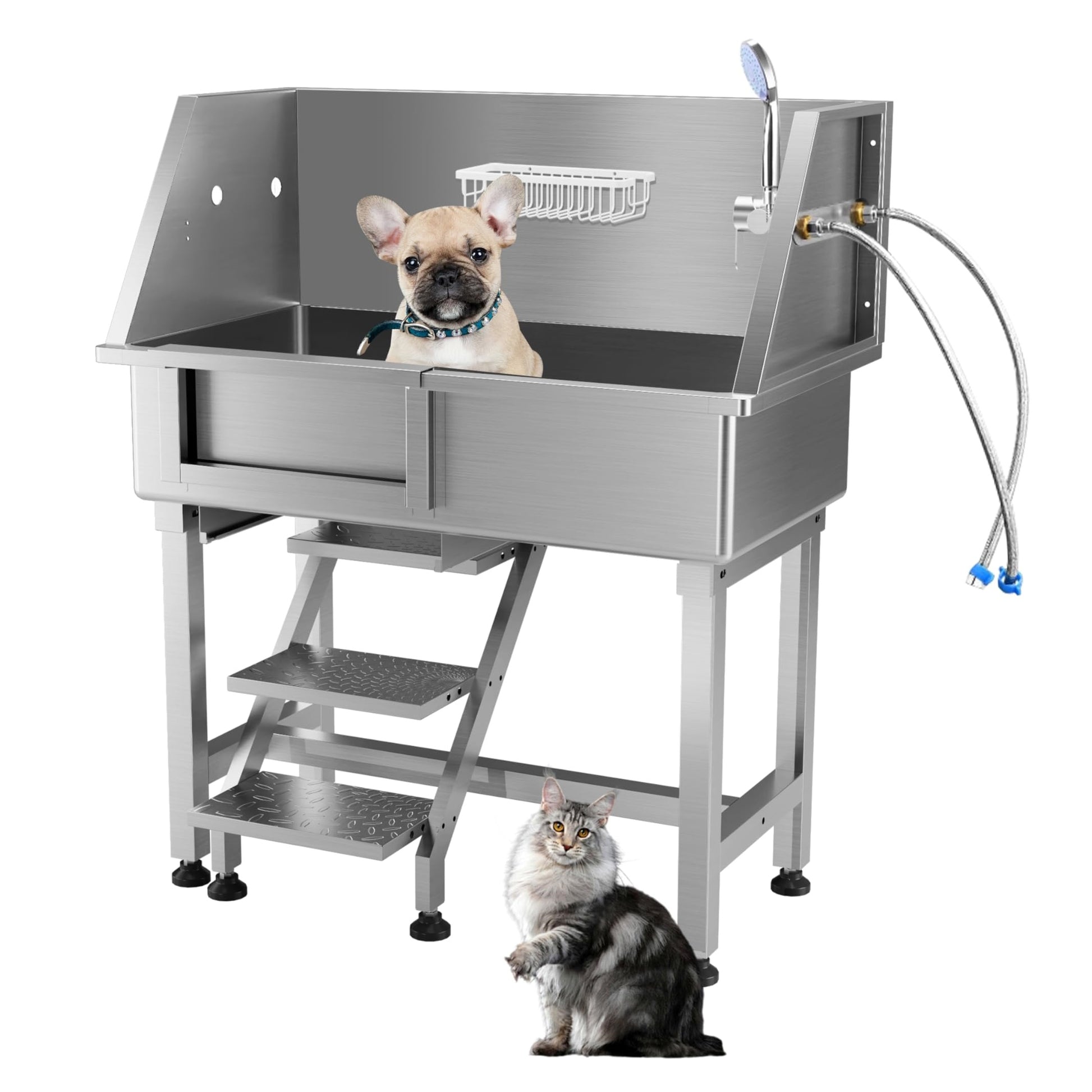 Garvee 34" Dog Grooming Bathtub, Professional Stainless Steel Pet Dog Bathing Station for Small Pets, Left Door & Stairs with Faucet, Sprayer, Drain