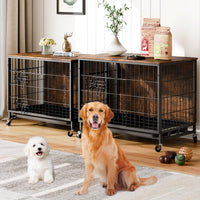 Garvee Dog Crate Furniture, Heavy-Duty Double-Doors Dog Cage End Table with Removable Tray and Wheels, 38.6" Wooden Dog Kennel, Indoor Dog House for Large Dogs, Brown
