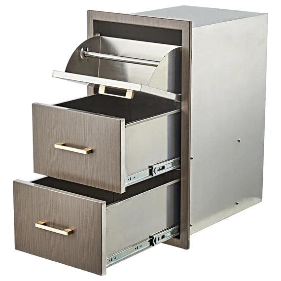 Garvee Outdoor Kitchen Drawers 17" W x 30" H x 21" D, Flush Mount Triple BBQ Drawers with Stainless Steel Handle, Paper Towel Holder Combo for BBQ Island, Patio Grill Station, Grey
