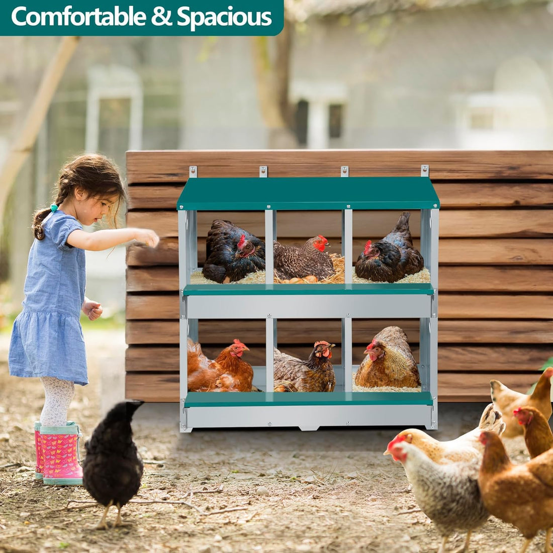 Garvee 6-Compartment Metal Nesting Box – Heavy-Duty Roll Away Egg Design w/Perch & Cover for Poultry Wall/Floor Mount, Green