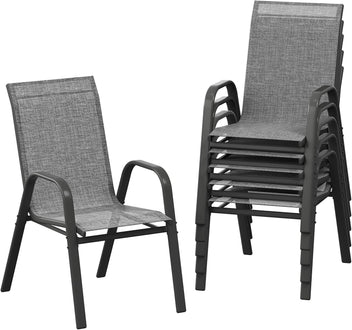 Garvee Space-Saving Stackable Patio Dining Chairs Set – High Back, Armrests, Lightweight Textilene, All-Weather – Outdoor Backyard, Poolside, Garden Seating – Black-Gray Spray Plastic & Gray 2x1 Textilene, 6 Pieces
