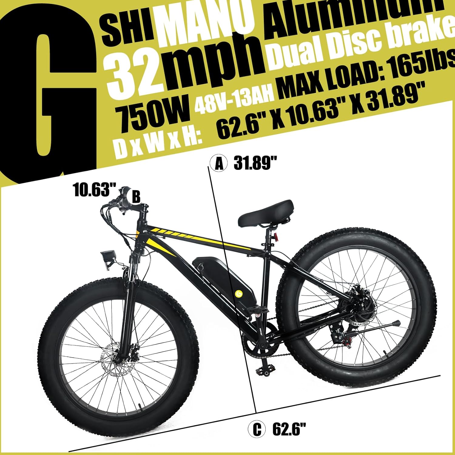 Garvee Mountain Electric Bicycle | 26" x 4.0 Fat Tires, 625Wh Removable Battery, 750W Motor, Step-Over Frame, 4 Riding Modes, LED Lights for Safety | for Commuting and Adventures
