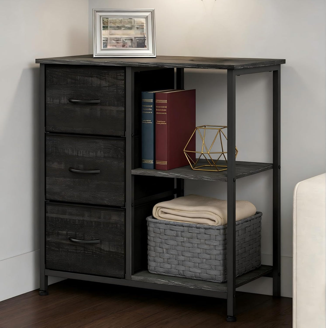 Garvee 3 Drawer Mobile File Cabinet with Open Storage Shelf, Rolling Printer Stand and Fabric Lateral Filing Cabinet for Home Office, Fits A4 or Letter Size Files, Black