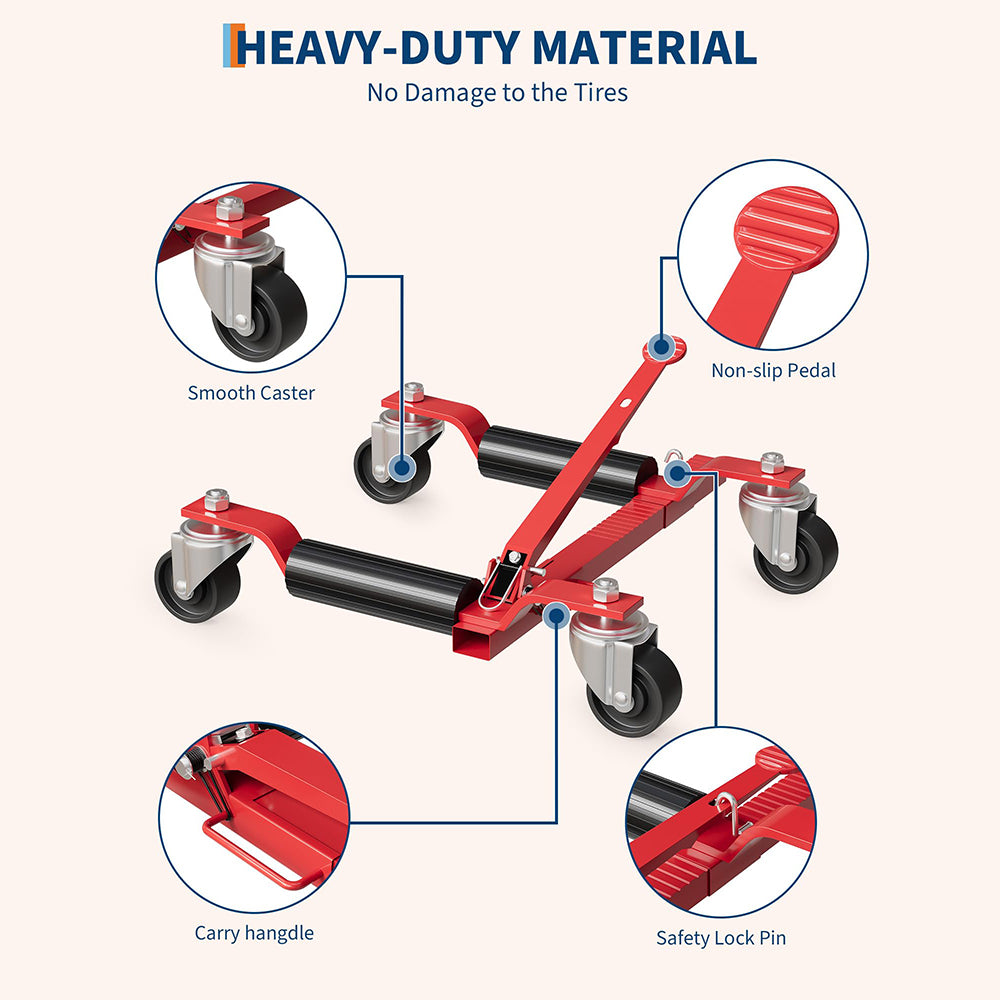 Garvee Car Wheel Dolly Jack Set of 2, Max 1500LBS Capacity, Mechanical Wheel Dolly with Ratcheting Foot Pedal, Vehicle Positioning Jack, Red, 12" Wheel Clearance