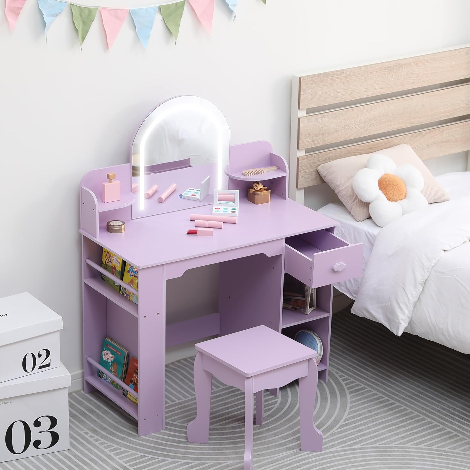 Garvee Kids Vanity with Lighted Mirror, 2 In 1 Little Girls Vanity Table & Stool, Kids Makeup Table with Bookshelf, Drawer & Open Shelves for 3-9 Yrs Girls, Purple