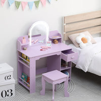 Garvee Kids Vanity with Lighted Mirror, 2 In 1 Little Girls Vanity Table & Stool, Kids Makeup Table with Bookshelf, Drawer & Open Shelves for 3-9 Yrs Girls, Purple
