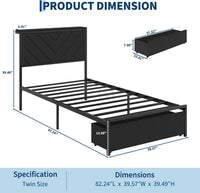 Garvee Twin Size Metal Platform Bed Frame with Upholstered Storage Headboard & Shelf, 2 Rolling Underbed Drawers, Charging Station, No Box Spring Needed, Easy Assembly, Black