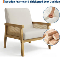 Garvee Mid Century Modern Accent Chair, Linen-Look Fabric Living Room Chair with Sturdy Wood Legs, Thickened Seat Cushion and PE Rattan Woven Decoration, Armchair for Bedroom, Reading Room, Ivory