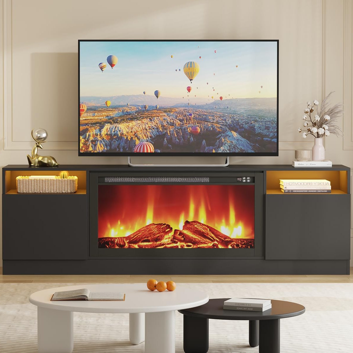 Garvee Modern Entertainment Center with Storage Cabinet Up to 75"TV, Modern TV Stand for Living Room, Black (Not Include Fireplace)