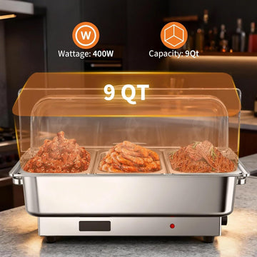 Garvee Electric Chafing Dish Buffet Set, 3 × 3 QT Roll Top Food Warmer with Transparent PC Lid, 400W Temperature Control 86-200°F, Stainless Steel Chafer for Catering Parties(2 Packs)