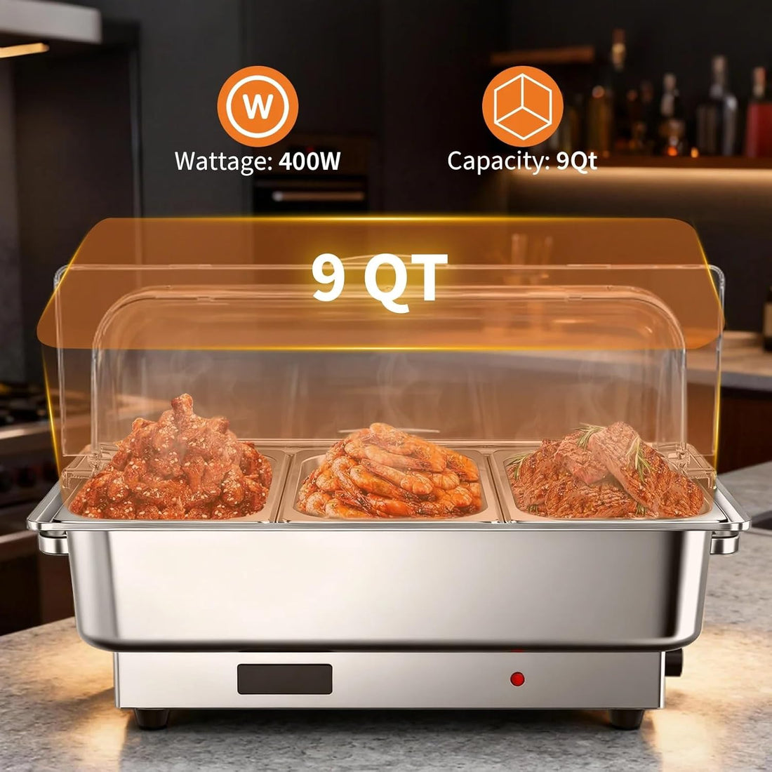 Garvee Electric Chafing Dish Buffet Set, 3 × 3 QT Roll Top Food Warmer with Transparent PC Lid, 400W Temperature Control 86-200°F, Stainless Steel Chafer for Catering Parties(2 Packs)