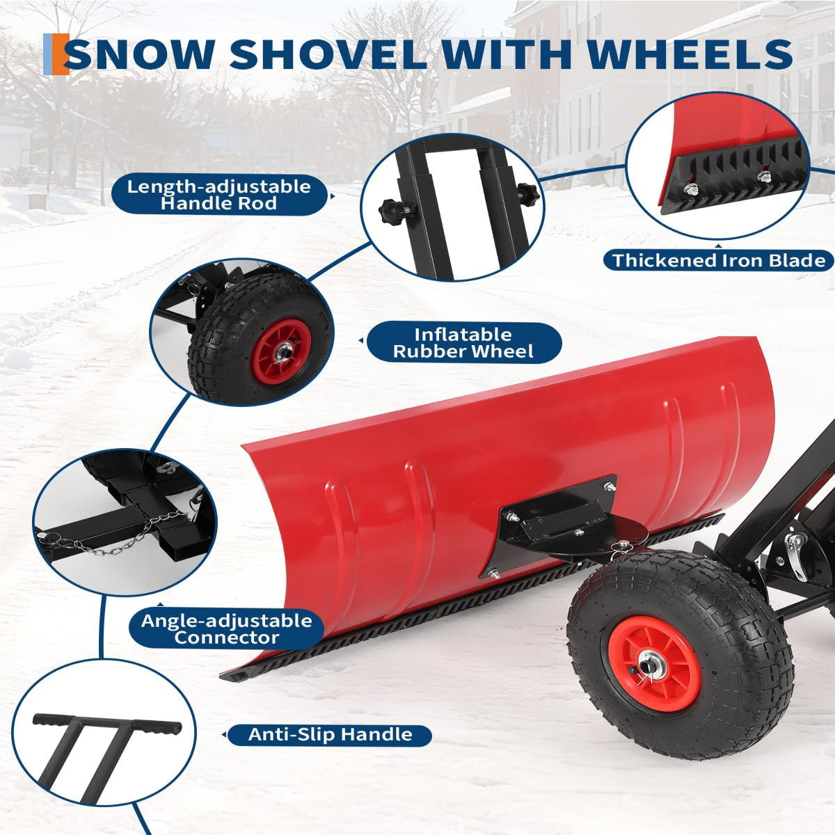 Garvee Wheeled Snow Shovel 29x16.5 Double-Rod Metal Pusher 5-Angle Adjustable T-Handle Rubber Wheels for Driveways Sidewalks
