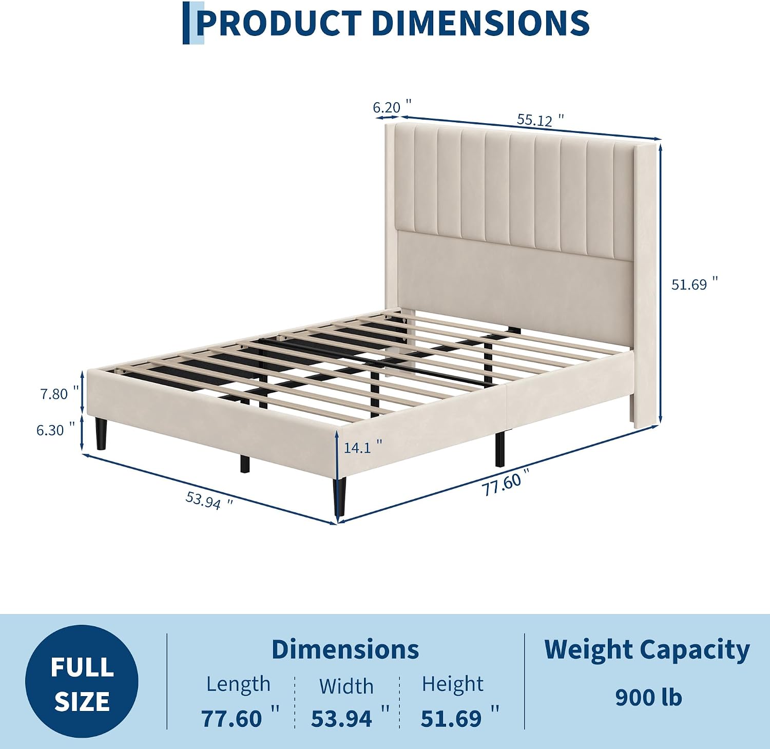 Garvee Velvet Upholstered Platform Bed Frame with 52" Tall Wingback Vertical Channel-Tufted Headboard, Wood Slat Support, Underbed Storage, No Box Spring Needed, Easy Assembly - Full, Light Beige style style
