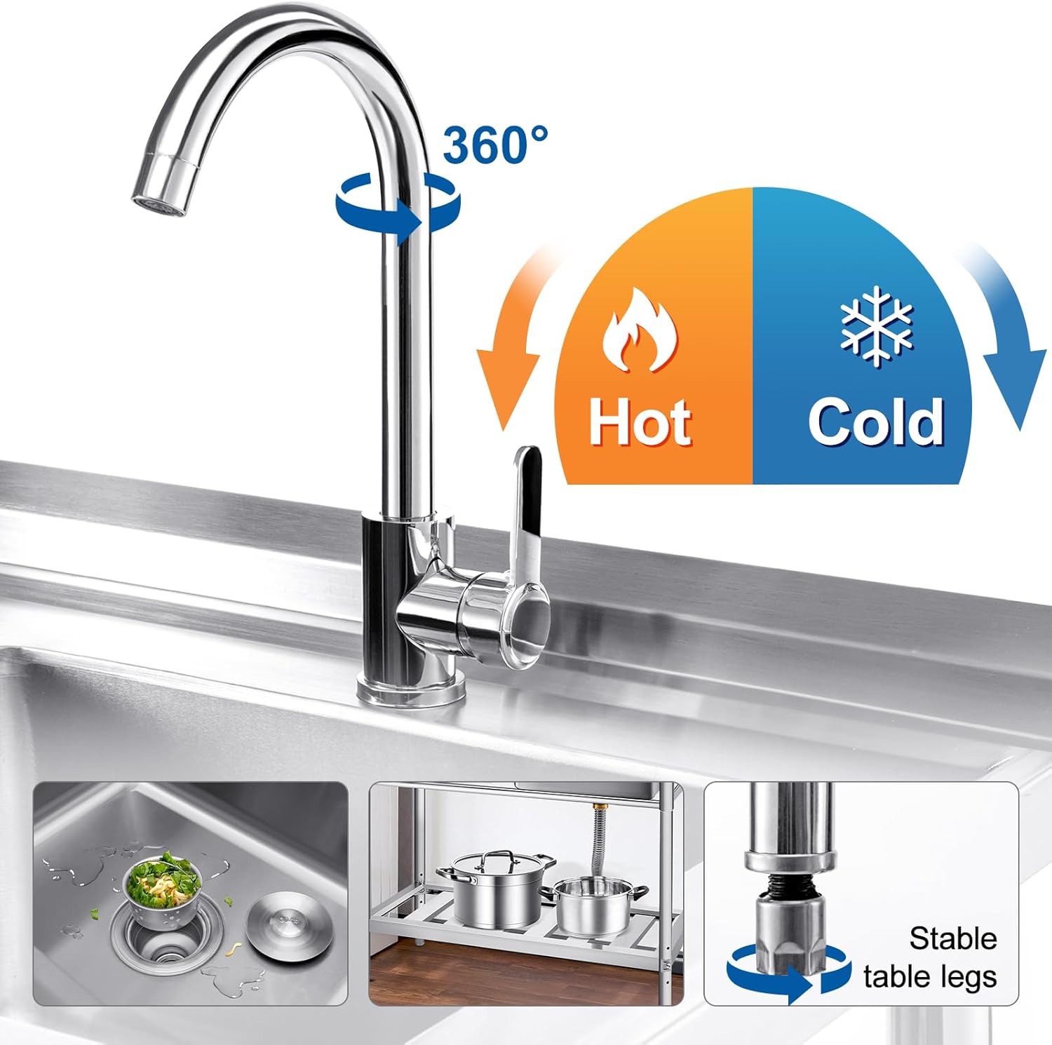 Garvee 40"D x 20"W x 37"H Durable Stainless Steel Utility basin with Pull-Out Faucet Freestanding Single Bowl Laundry Room basin with Workbench & Drawer Storage – Ideal for Kitchen, Laundry, Farmhouse or Outdoor Use – Stainless Steel Color