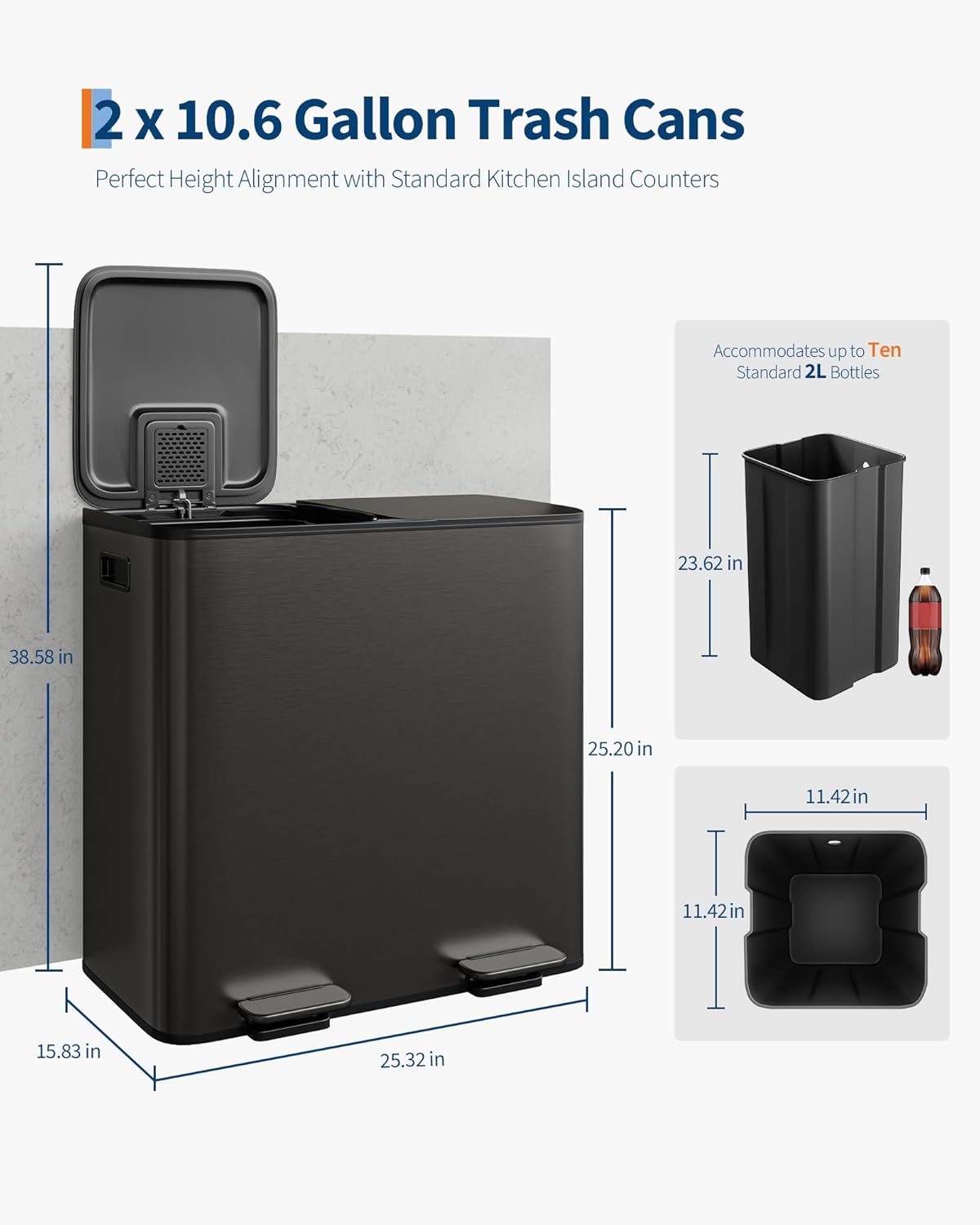 Garvee 2 x 10.6 Gallon Stainless Steel Double Trash Can Step-on Metal Garbage Cans with Lid for Kitchen, Black
