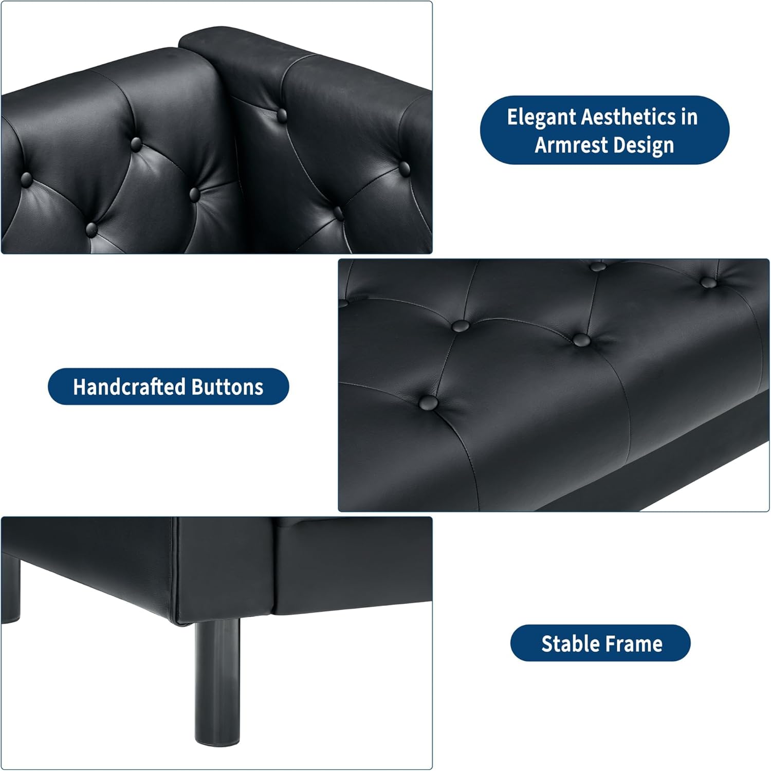 Garvee 81" Modern Chesterfield 3-Seater Sofa Couch - Deep Seat, Button-Tufted Faux Leather, Solid Wood Frame, Easy-Clean Upholstery, Includes 2 Accent Pillows - Black PU