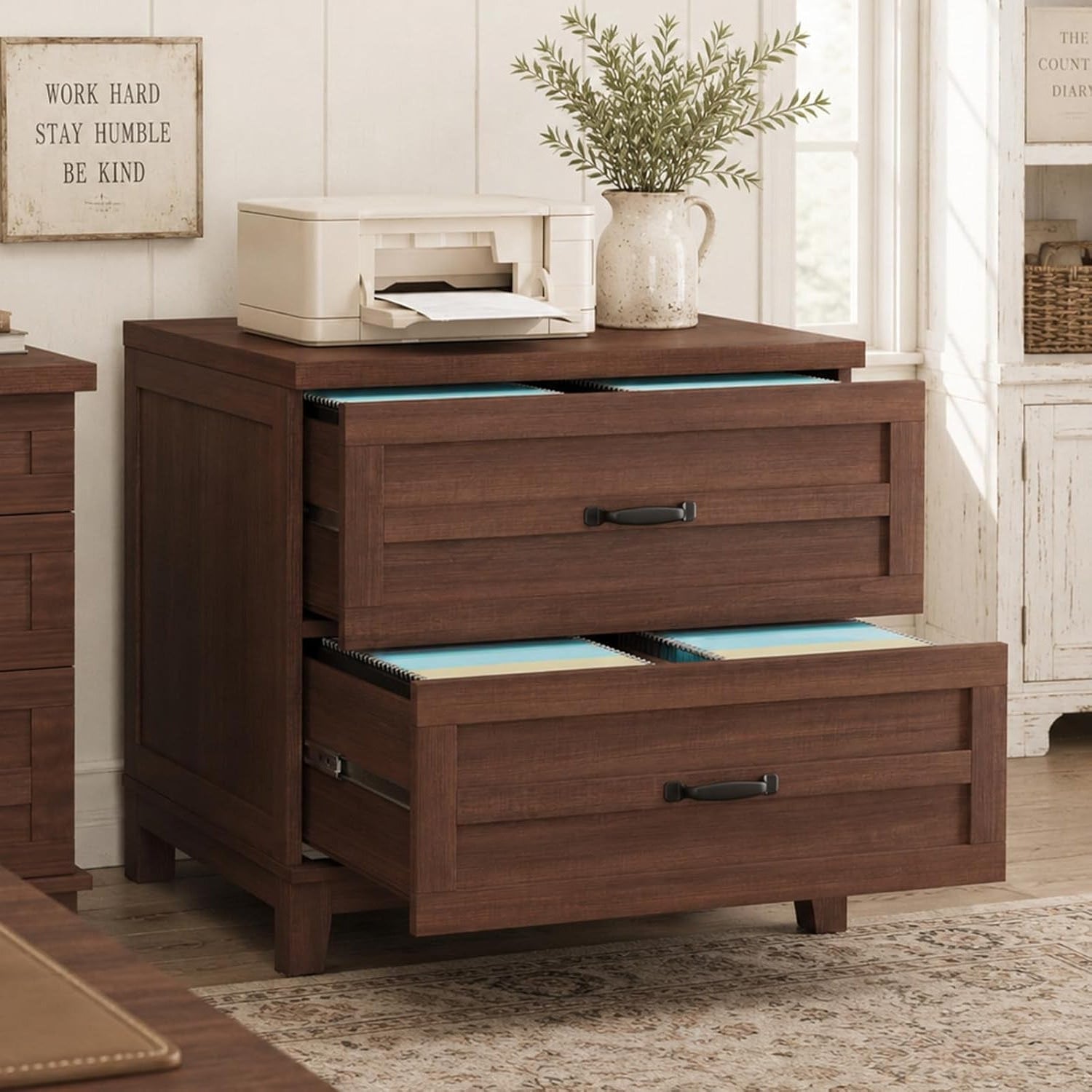 Garvee Farmhouse 2-Drawer Lateral Filing Cabinet - Rustic Wood File Cabinet - Heavy-Duty Frame - Smooth Rails for Legal/Letter/A4 Hanging Files - Wide Storage Organizer, Printer Stand - Brown