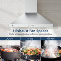 Range Hood 30 inch, Wall Mount Range Hood in Stainless Steel, Ducted/Ductless Convertible Duct, Kitchen Hood w/Baffle Filters, 3 Speed Fan, LED Light, Push Button Control