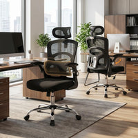 Garvee Ergonomic High-Back Mesh Office Chair – Adjustable Headrest & Lumbar Support – Turnover-Up Arms, Swivel Rolling Desk Chair – Heavy Duty Metal Base – Black Frame & Transparent Mesh Back – Electroplated Foot