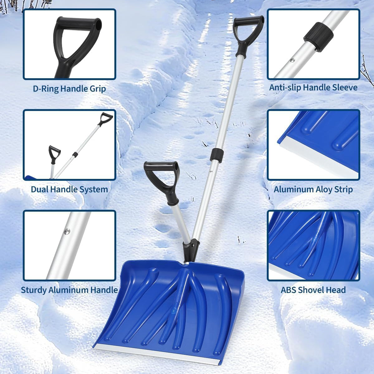 Garvee Ergonomic Snow Shovel – 18" Aluminum-Edged Blade with Assisted D-Ring Handle – Lightweight Snow Pusher for Patio, Garden, Yard – Blue Shovel with Silver Pole