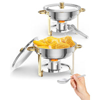 Garvee Chafing Dish for Buffet 2 Pack, 5QT Round Chafing Dishes Buffet Set w/Lid Holder, Stainless Steel Chafers and Food Warmers with Spoon and Tweezers for Parties, Weddings, Events, Banquet, Gold