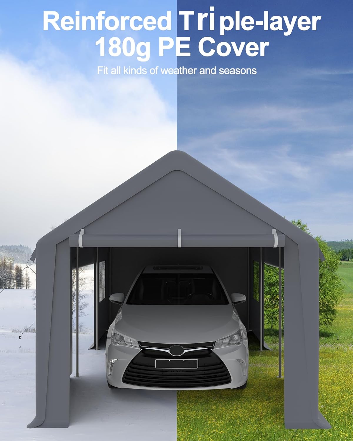 Carport 10ftx20ft Heavy Duty Canopy, 1.0 mm Steel Poles & 14 mil PE Tarp, with Front & Rear Doors, 2 Side Doors, and 4 Windows Screen, Portable Garage for Pickup Truck, and Boat, Gray