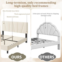 Garvee Full Size Bed Frame With Headboard Adjustable, Velvet Upholstered Full Platform Bed With Headboard, Mattress Foundation With Wooden Slats, No Box Spring Needed, Easy Assembly, Beige/Cream