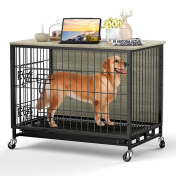 Garvee Dog Crate Furniture, Furniture Style Dog Crate with Removable Tray and Wheels, Heavy-Duty Double-Doors Dog Cage End Table, 27.2" Wooden Dog Kennel, Indoor Dog House, Grey